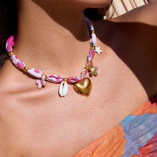 🧡 Collar de tela boho con charms dorados – Sol o Corazón