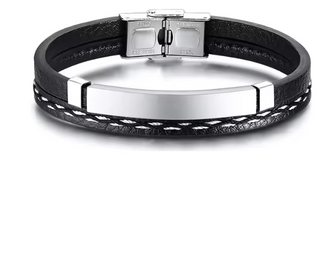Pulsera personalizada para hombre en cuero negro – Graba tu mensaje o nombre