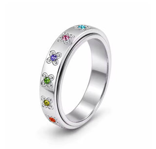 Anillo Antiestrés Giratorio con Circonitas Multicolor – Acero Inoxidable