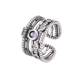Anillo Ajustable Ancho de Acero Inoxidable con Piedra Violeta