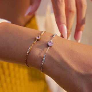 Pulsera elegante de acero con circonita rosa – Dorada o plateada