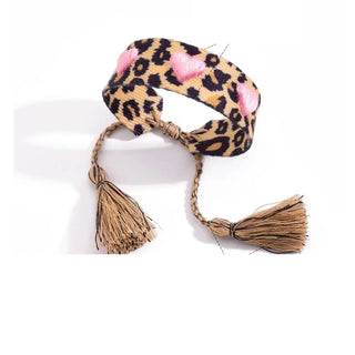 Pulseira ajustável de tecido Boho – 4 designs (Leopardo ❤, Cerejas, Sorriso, Amor)