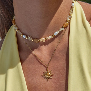 Collar doble con cuentas de cristal y colgante de sol – acero inoxidable