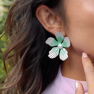Pendientes flor bicolor acero inoxidable con perla