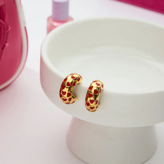 Pendientes Aro Dorados con Corazones Rojos | Acero Inoxidable