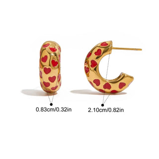 Pendientes Aro Dorados con Corazones Rojos | Acero Inoxidable