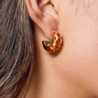 Pendientes Aro Dorados con Corazones Rojos | Acero Inoxidable