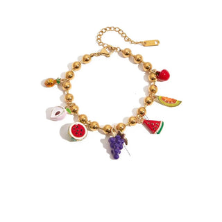 pulsera de bolitas doradas con charms de frutas