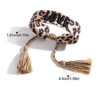Pulseira ajustável de tecido Boho – 4 designs (Leopardo ❤, Cerejas, Sorriso, Amor)